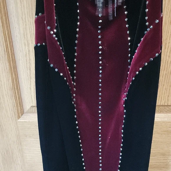 Strapless Johnathan Kayne Black and Burgundy Velvet Mini Dress with Metal Fringe - Picture 9 of 9